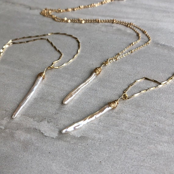 Dainty Natural Freshwater Pearl Stick 14K Gold Necklace