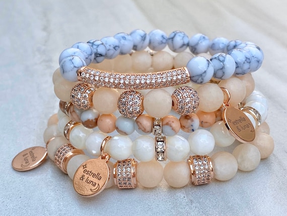 Rose Gold Bracelets/ Beaded Bracelets/ Matte Pink/ Marble Bracelets/ Pave Crystal/ Stacking Bracelets/ Matte Bead Bracelets/ Rose Gold