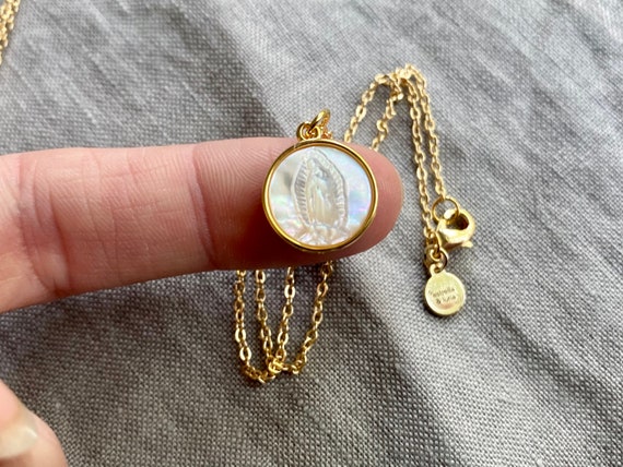 Dainty Mother Mary Our Lady of Guadalupe Carved Shell Necklace