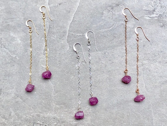 Raw Pink Sapphire Gemstone Crystal Drop Earrings