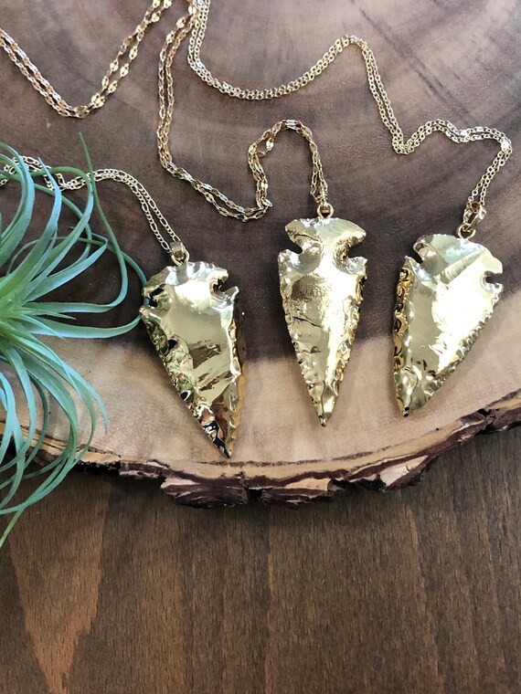 Large Gold Boho Natural Stone Arrowhead Necklace