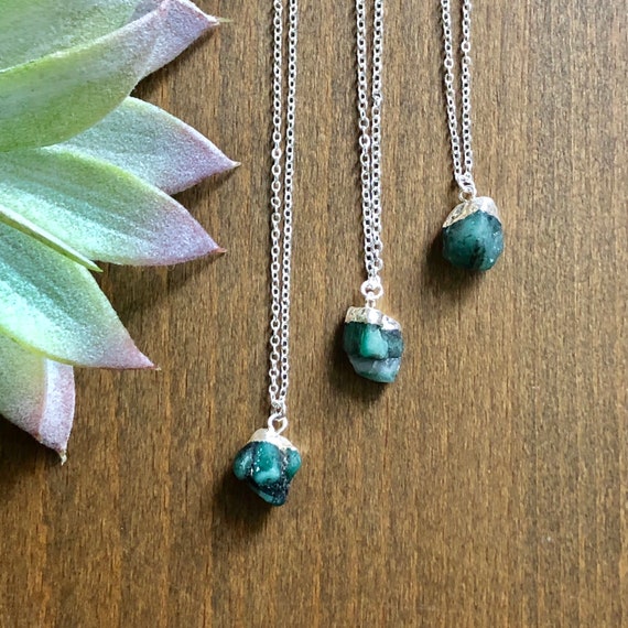 Dainty Simple Raw Emerald Gemstone Sterling Silver Necklace