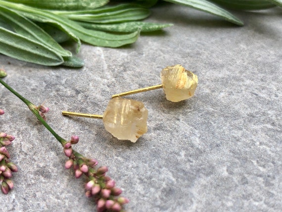 Raw Rutile Quartz Crystal Stud Earrings