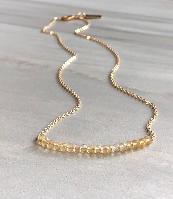 Dainty Citrine Crystal 14K Gold Bar Necklace