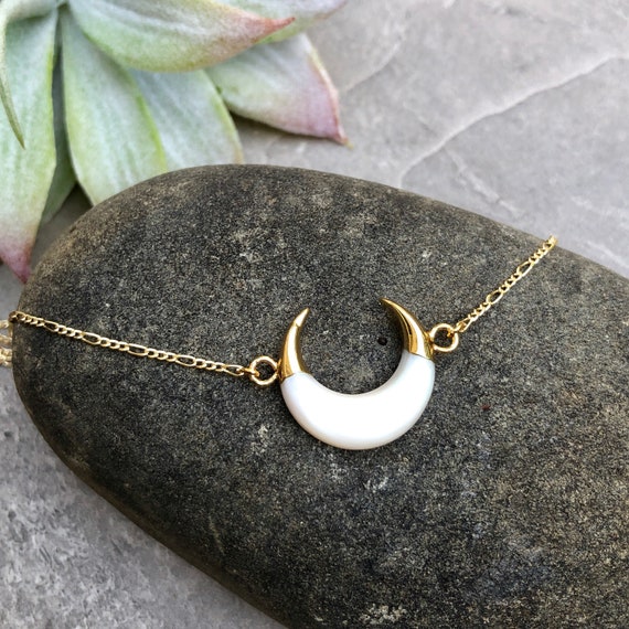 Double Horn Half Moon 14K Gold Carved Shell Necklace