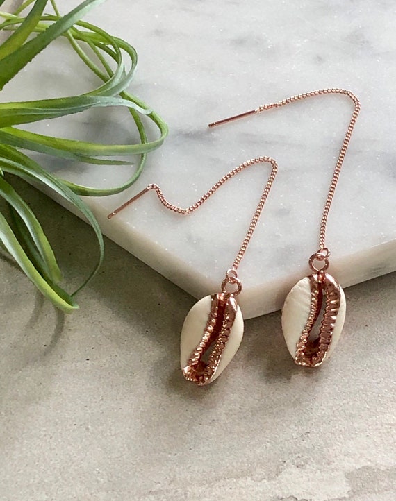 Rose Gold Cowrie Shell Boho Threader Earrings