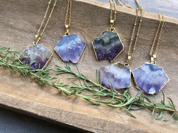 Raw Amethyst Slice Crystal 14K Gold Necklace