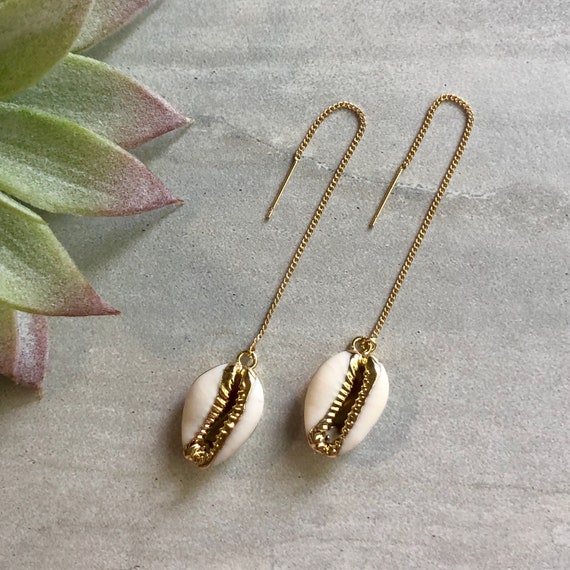 Gold Cowrie Shell Threader Chain Earrings