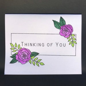 Carte faite main Je pense à vous | Carte florale géométrique colorée avec marqueur