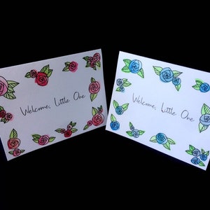 Bienvenue, tout-petit | Carte florale aquarelle pour bébé garçon ou bébé fille | Carte de baby shower rose et bleue