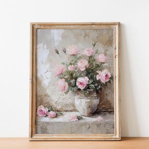 Impresión artística floral de rosas rosas, decoración de pared estilo shabby chic, obra de arte con rosas estilo cottagecore, pintura romántica de flores, elegante póster floral vintage