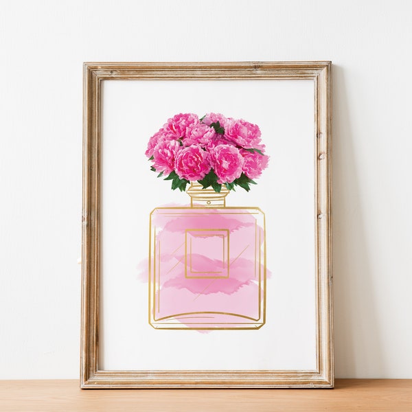 Pink Floral Perfume Art Print, Pink Watercolor Fashion Art Print, Pink Wall Art, Pink Abstract Art, Peony and Gold Perfume Wall Art Print