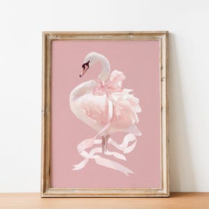 Roze zwaan-aquarelkunstdruk: vrouwelijk coquettedecor (digitale download)