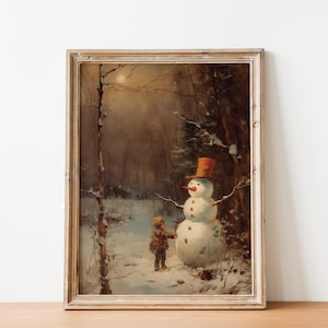 Vintage Christmas Snowman Art Print, Child Building Snowman, Vintage Christmas Wall Art, Nostalgic Holiday Decor, Cozy Christmas Art Print