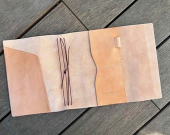 A5 Keeper’s Trifold Leather Journal – Wheat color leather, Card Slots, Pen Loop