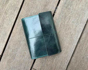 A6 Trifold Leather Cover – Basil color leather, Card Slots, Pen Loop