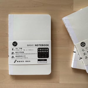 Könnte beinhalten: Ein Stapel weißer A5 Basic Notebooks. Jedes Notizbuch hat ein weißes Band mit schwarzem Text und einen kleinen schwarzen Kreis mit weißem Text. Die Notizbücher sind 14,8 x 21 cm groß.