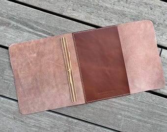 Leather Journal Cover with Side Pocket, Trifold Refillable Notebook, Personalized Travelers Journal, A5 A6