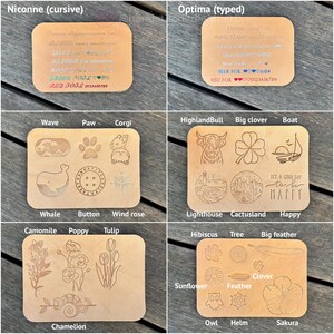 May include: Six rectangular tan leather swatches displaying various customization options. The swatches feature engraved text samples in Niconne and Optima fonts, along with diverse graphic icons including animals, flowers, nature scenes, and symbols.