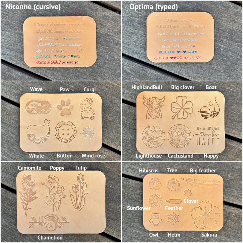 May include: Six rectangular tan leather swatches displaying various customization options. The swatches feature engraved text samples in Niconne and Optima fonts, along with diverse graphic icons including animals, flowers, nature scenes, and symbols.