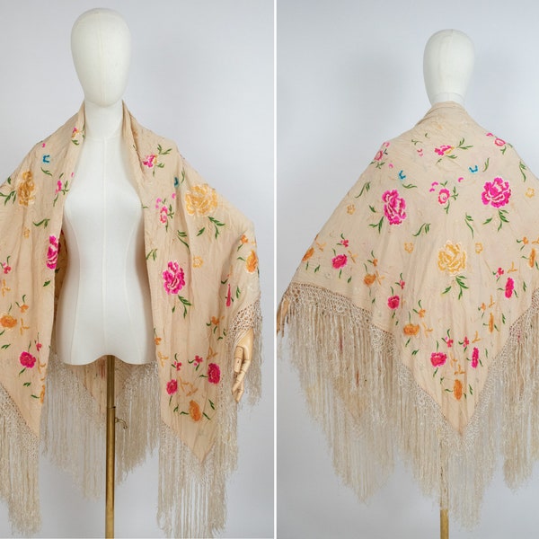 Vintage 1920s Ivory Silk Canton Floral Embroidered Piano Fringed Shawl