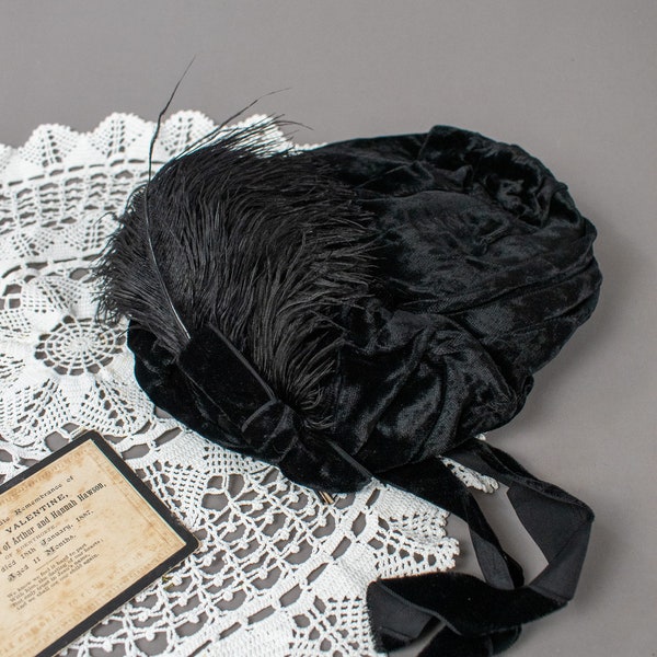 Antique Victorian Black Silk Velvet Mourning Bonnet Hat With Ostrich Feather Plumage