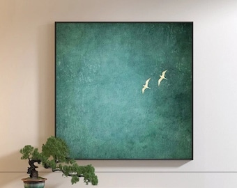 Minimalist Birds Flying  Emerald Green Textured Oil Painting Canvas,Abstract Wall Art,Modern Sage Green Home Decor,Elegant Anniversary Gift