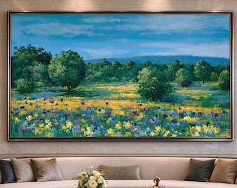 Sage Green Blue Acrylic Canvas Wall Art,Wildflower Meadow Landscape Painting,Large Green Nature Scenery,Countryside Art for Living Room
