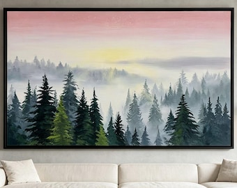 Hand‑Painted Misty Pine Forest Canvas Painting,Pink Sky Sunrise Mountain Landscape Wall Art, Sage Green Scenery Large Horizontal Wall Decor