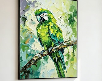Tropical Parrot Oil Painting On Canvas,3D Green Hand Painted Textured Wall Art,Wildlife Living Room Forest Decor,Bird Painting