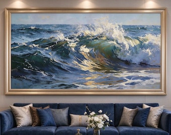 Original Large Wave 3D Textured Oil Painting,Abstract Seascape Wall Art,Original Ocean Sculpted  Canvas,Blue Green Seaside Oil Painting