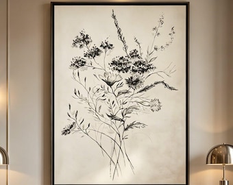 Wildflower Oil Painting, Botanical Canvas Wall Art, Cottagecore Meadow Floral Print, Neutral Textured Living Room Decor Gift,Black White Art