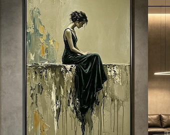Black Wabi-sabi Art Painting, the Back of Female Dancer,Lonely Girl Portrait,Figure Oil Painting,Lady Canvas Artwork,Impasto Wall Art