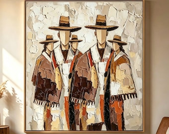 Thick Impasto Acrylic Canvas Painting,Abstract Western Cowboy Group,Portrait Wall Art,Hand Painted Neutral Earth Tone Rustic Figure Artwork
