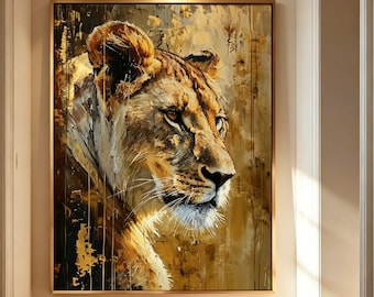 Large Lioness Acrylic Canvas Painting,Textured African Wildlife Wall Art,Luxury Gold Leaf Lion Living Room Decor,Unique Gift,Animal Wall Art