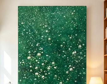Sage Green Painting,Abstract White Wildflower Canvas,Textured Acrylic Wall Art,Minimalist Nature Art, Floral Decor,Serene Meadow Wall Art