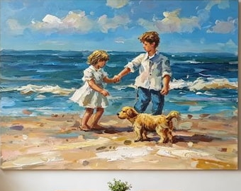 Children and Dog at Beach Oil Painting,Impressionist Coastal Wall Art,Siblings Playing on Seashore,  Warm Childhood Memory Decor
