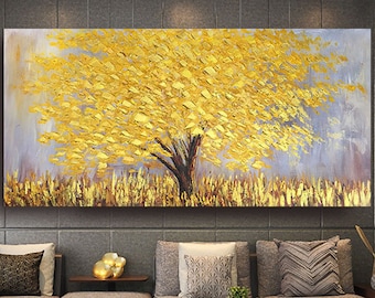 Golden Yellow Tree Oil Painting: Large Textured Impasto Canvas Art