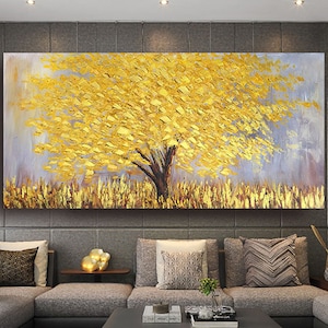 Yellow Tree Oil Painting,Large Wall Art,Abstract painting on Canvas,Living Room Wall Art,Heavy Textured Impasto Painting,Golden Wall Art