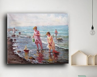 Children Playing on Beach: Seascape Oil Painting on Canvas