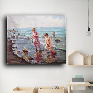 Beach Painting,Children Painting,seascape oil painting,Ocean Painting,Children Playing on Beach,beach scence,kid painting,Children Art
