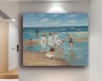 Children Playing on Beach Oil Painting, Seascape Art, Kids Room Decor