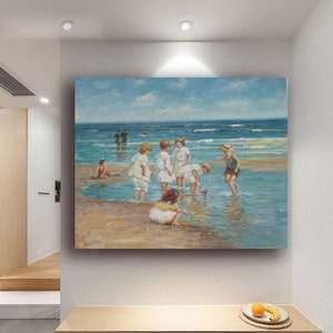 Landscape Kids Painting, Children Painting,seascape oil painting,Ocean Painting,Children Playing on Beach,Child Art