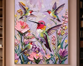 Textured Hummingbird & Flower Painting,Extra Large Wall Art,Birds Wall Decor,Little Bird Modern Art Painting, Minimalist Artwork