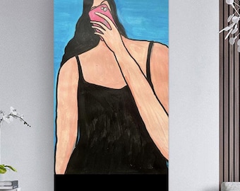 Original Self-Portrait Acrylic Canvas Painting,Modern Minimalist Woman Selfie Wall Art,Feminist  Decor for Bedroom