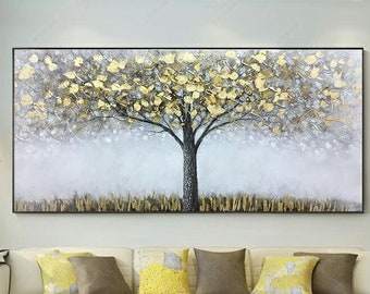 Golden Yellow Tree Painting: Large Abstract Canvas Art