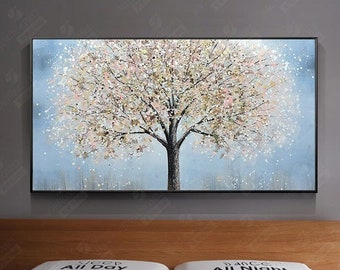 Abstract White Blue Golden Tree Oil Painting: Modern Floral Canvas Wall Art