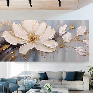 White Gold Flower Large 3D Textured Wall Art Boho Wall Decor Oil Painting Original Painting Abstract Wall Art,Living Room Decor Painting