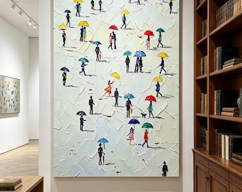 Colorful Umbrella Rainy Day,Hand-Painted Acrylic Canvas Art,Impasto Textured Artwork, Modern Urban Scene Decor, Gift for Home