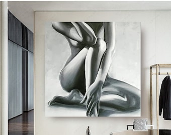 Decoración de pared con cuerpo de mujer desnuda, pintura al óleo desnuda, arte de pared grande en blanco y negro, pintura de mujer abstracta, arte abstracto original femenino sobre lienzo